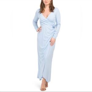WAYF Long Sleeve Faux Wrap Surplice Front Dress Rosette Powder Blue M NWT